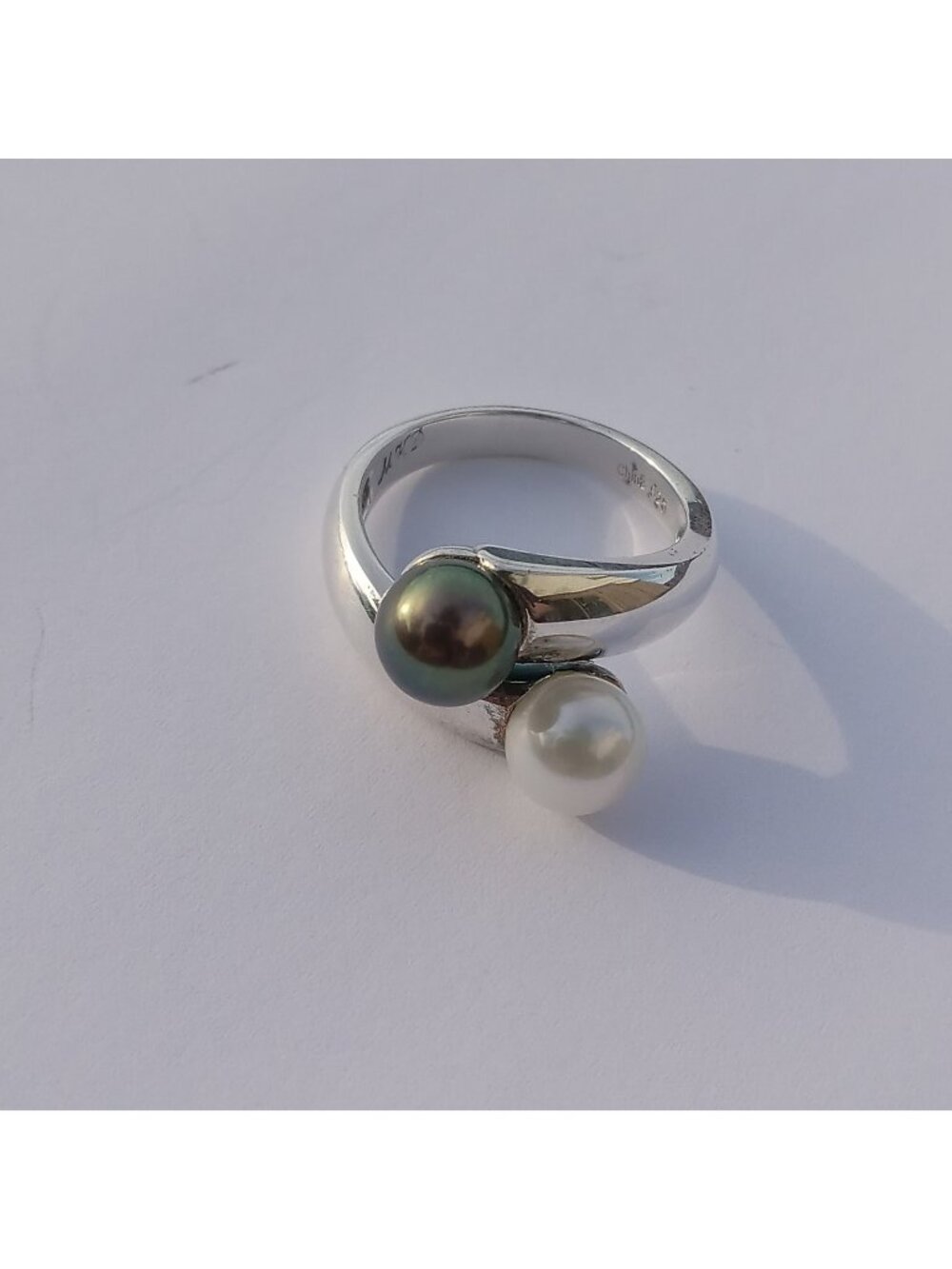 Sterling Silver 925 Bypass Ring with Black Green White Faux Pearls Adjustable